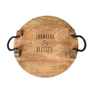 Thirty-One Close To Home Wood Serving Tray Iron Handles Thankful & Blessed 14"